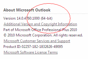 Outlook 2010 x64 Version Information